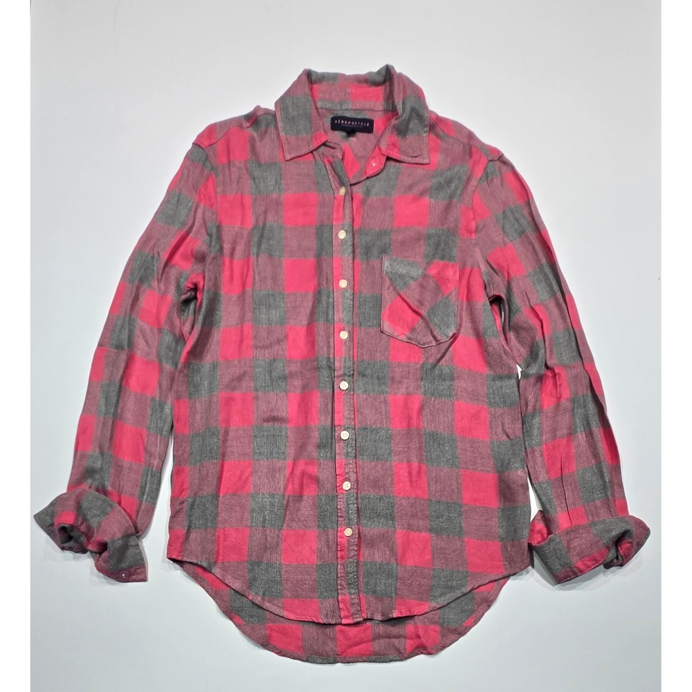 Aeropostale Flannel‎ Shirt Womens S/P Pink Gray Plaid Long Sleeve Casual Top